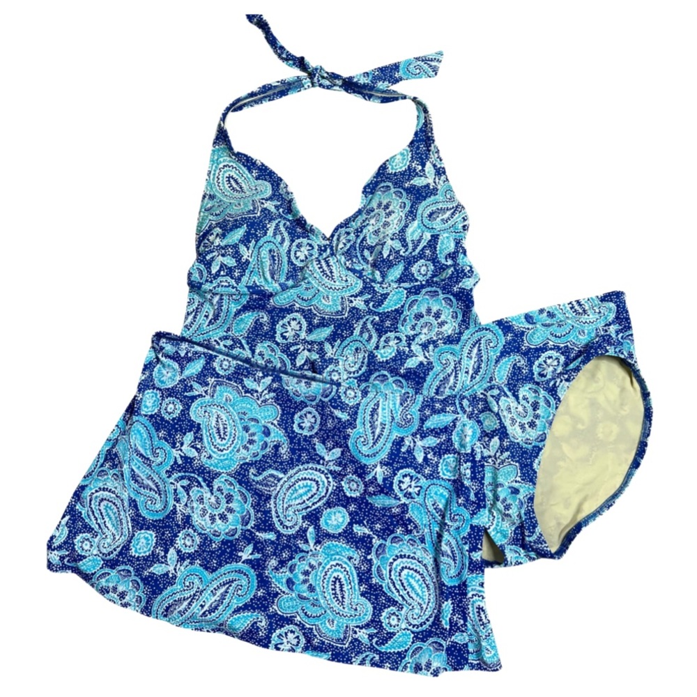 Lands’ End 3 pc Halter Tankini Bikini Skirt Sarong Swimsuit Blue Paisley